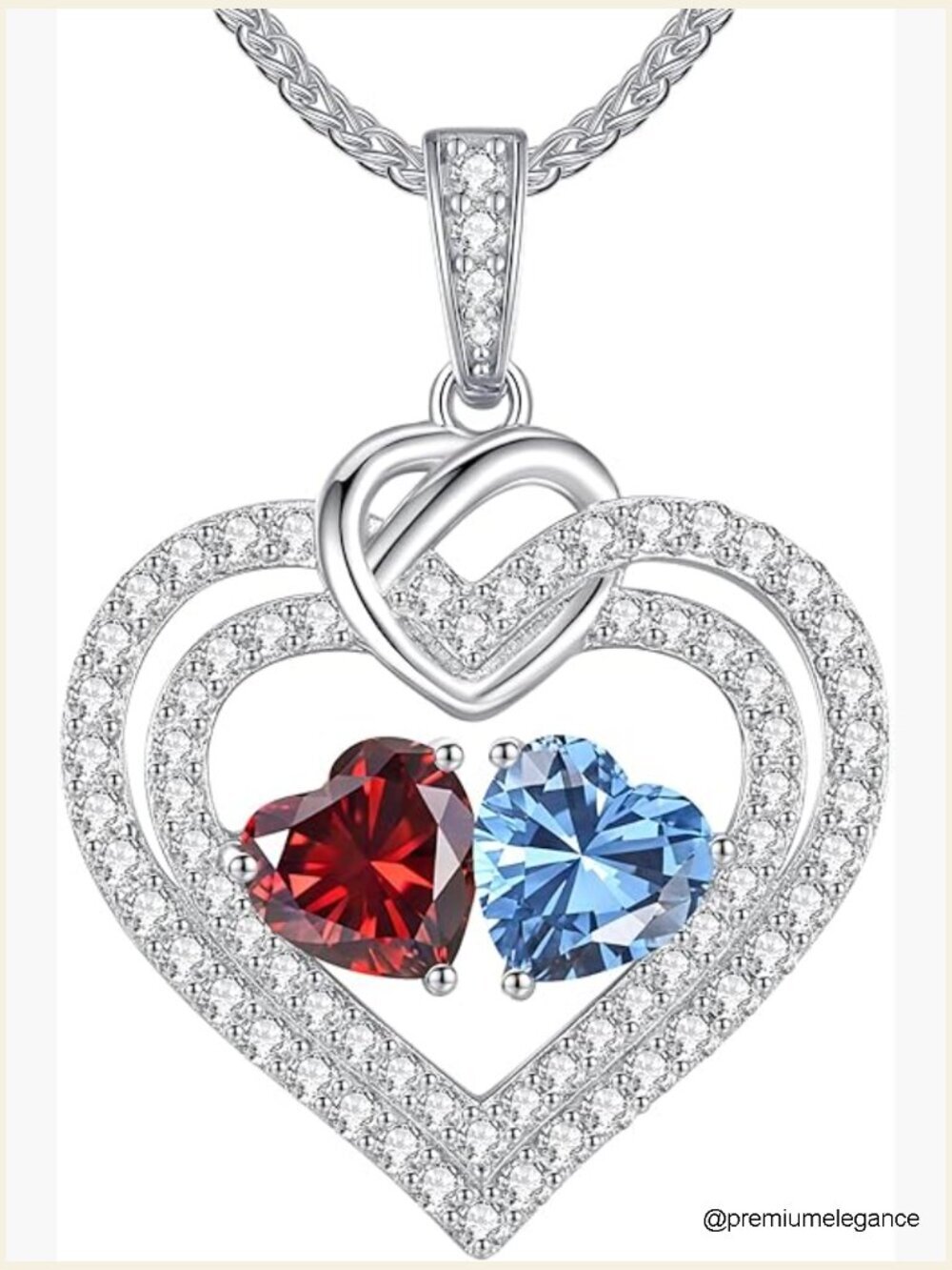 Sparkling Double Heart Birthstone Necklace 925 Sterling Silver Pendant